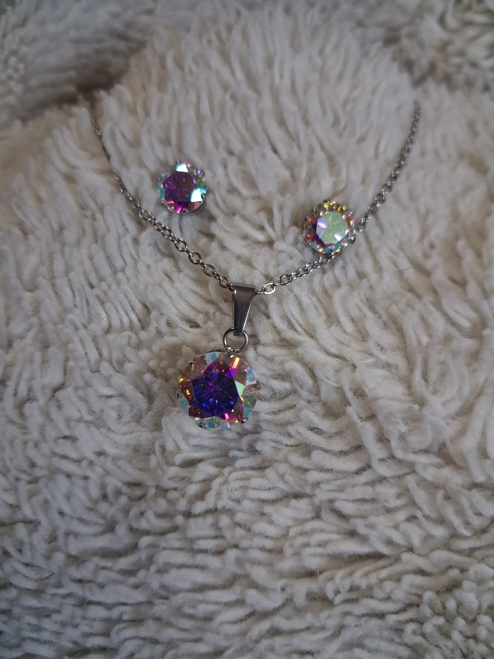 Iridescent Aurora Borealis Crystal Necklace & Earring Set | Stainless Steel